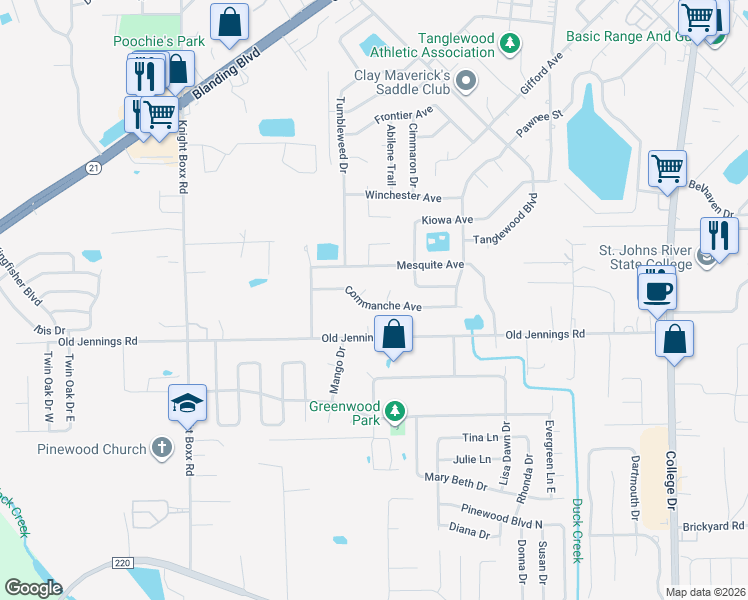 map of restaurants, bars, coffee shops, grocery stores, and more near 1296 Laramie Court in Orange Park