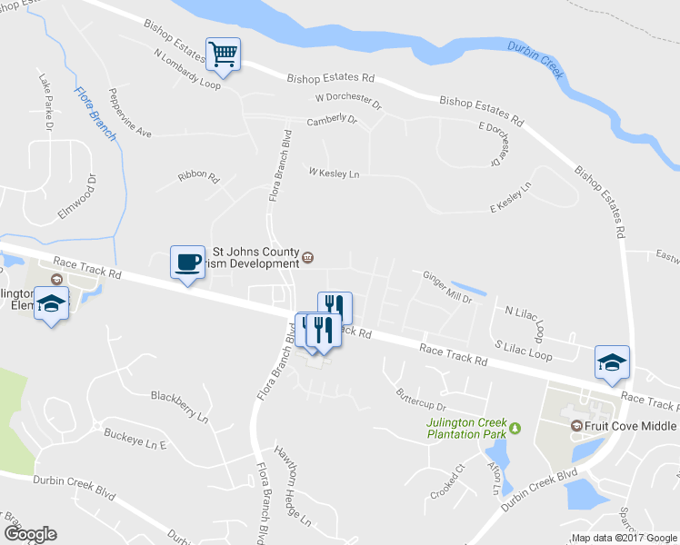 map of restaurants, bars, coffee shops, grocery stores, and more near 145 Southern Bay Drive in Jacksonville