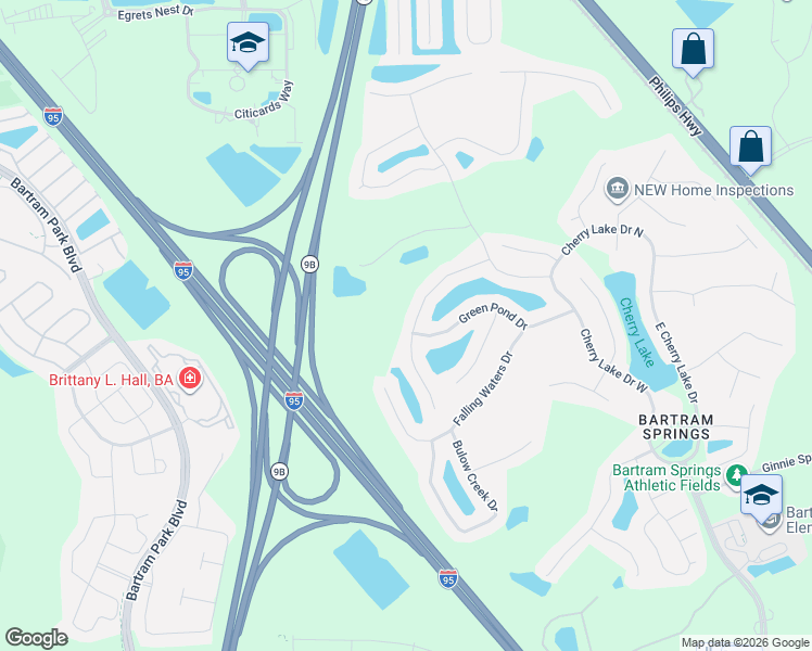 map of restaurants, bars, coffee shops, grocery stores, and more near 14447 Millhopper Road in Jacksonville