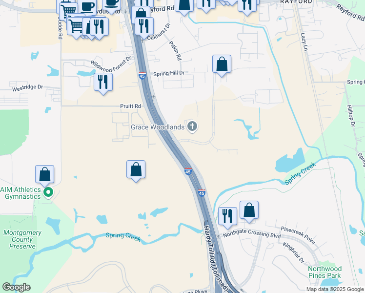 map of restaurants, bars, coffee shops, grocery stores, and more near in Spring