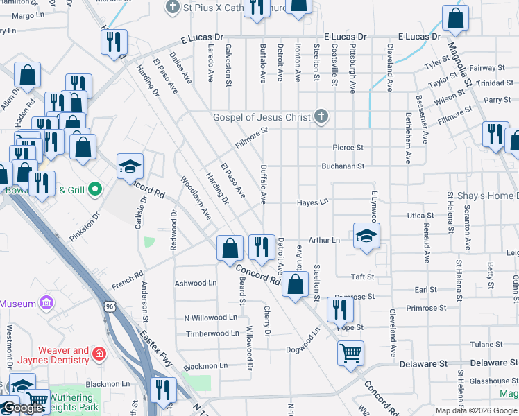 map of restaurants, bars, coffee shops, grocery stores, and more near 4010 Buffalo Avenue in Beaumont