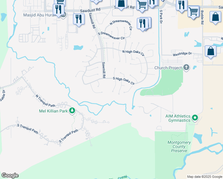 map of restaurants, bars, coffee shops, grocery stores, and more near 32 South Summer Star Court in Spring