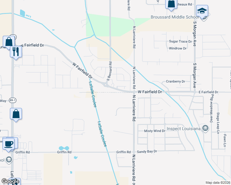 map of restaurants, bars, coffee shops, grocery stores, and more near Cane Brake in Broussard
