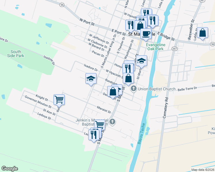 map of restaurants, bars, coffee shops, grocery stores, and more near 221 Randolph Street in Saint Martinville