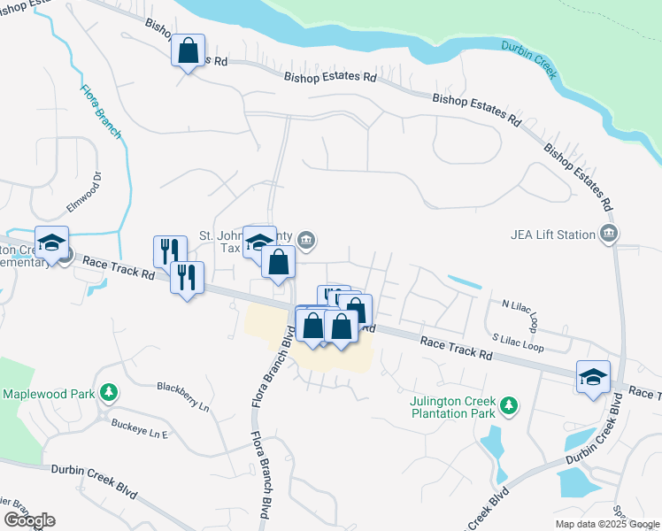 map of restaurants, bars, coffee shops, grocery stores, and more near 215 Northbridge Court in Jacksonville