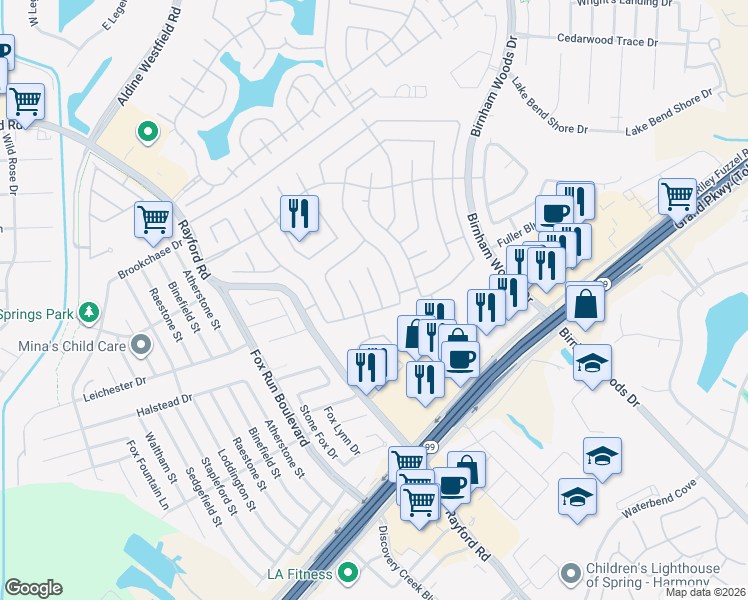 map of restaurants, bars, coffee shops, grocery stores, and more near 29211 Legends Beam Drive in Spring