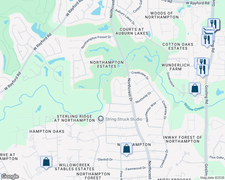 map of restaurants, bars, coffee shops, grocery stores, and more near 24618 West Kingscrest Circle in Spring