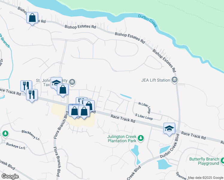 map of restaurants, bars, coffee shops, grocery stores, and more near 714 Ginger Mill Drive in Jacksonville