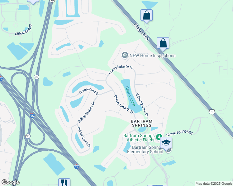 map of restaurants, bars, coffee shops, grocery stores, and more near 14431 West Cherry Lake Drive in Jacksonville