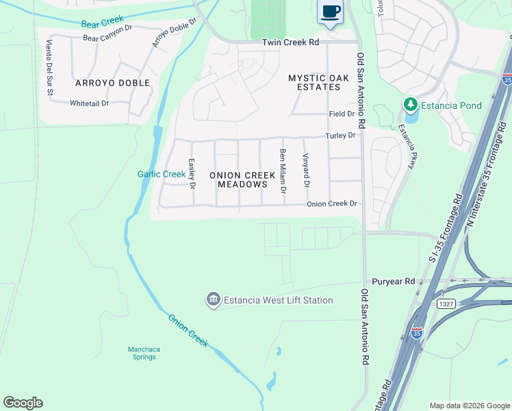 map of restaurants, bars, coffee shops, grocery stores, and more near 13419 Onion Creek Drive in Manchaca