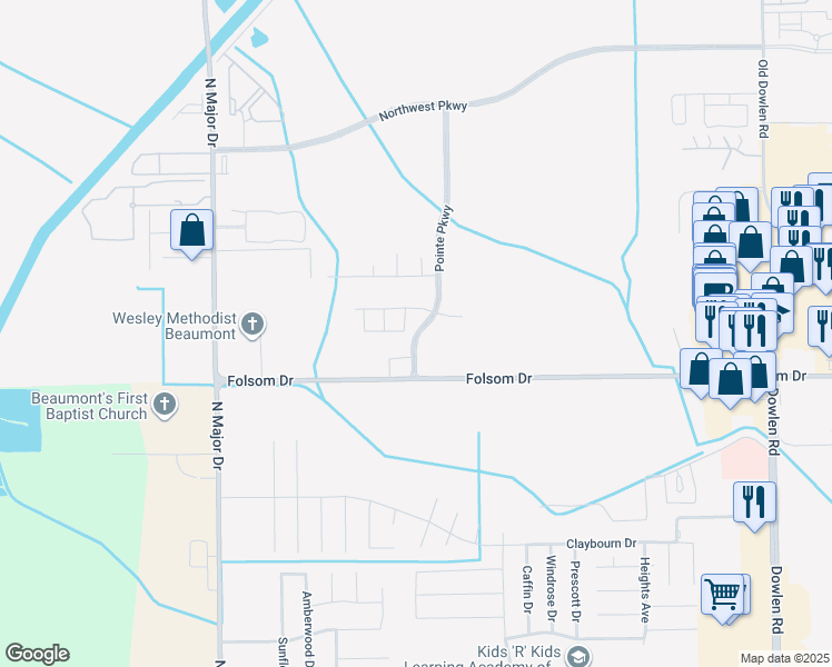 map of restaurants, bars, coffee shops, grocery stores, and more near 3585 Pointe Parkway in Beaumont