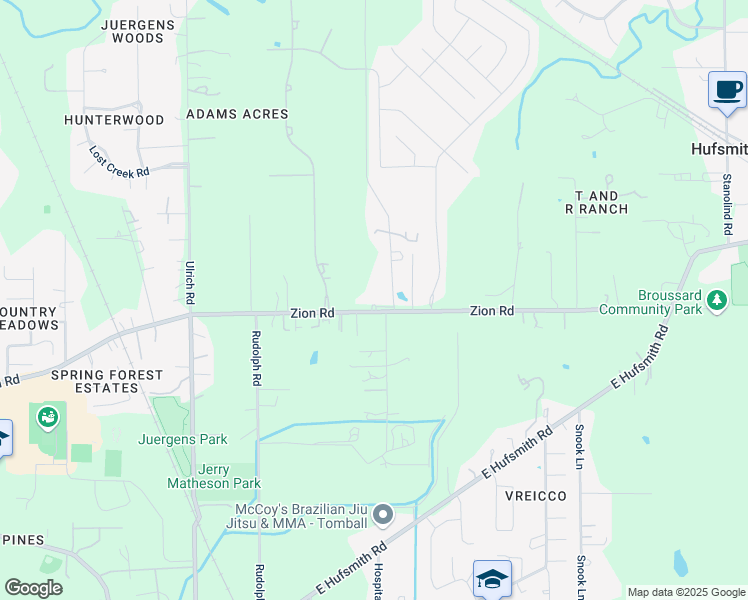 map of restaurants, bars, coffee shops, grocery stores, and more near 12710 Zion Road in Tomball