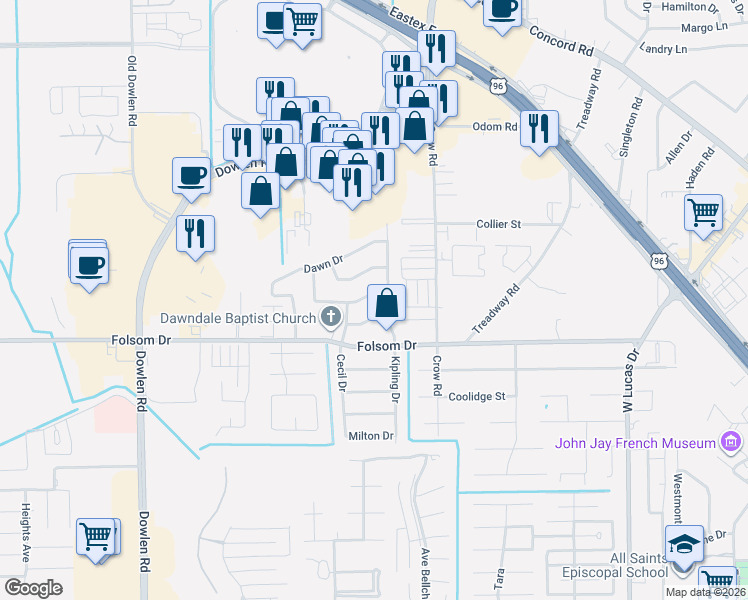 map of restaurants, bars, coffee shops, grocery stores, and more near 3910 Kipling Drive in Beaumont