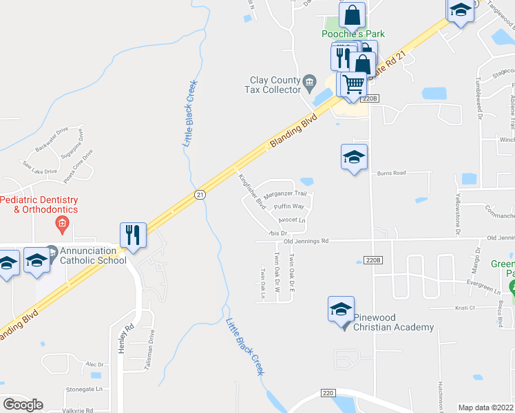 map of restaurants, bars, coffee shops, grocery stores, and more near 1553 Kingfisher Boulevard in Orange Park