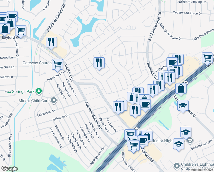 map of restaurants, bars, coffee shops, grocery stores, and more near 29233 Legends Worth Drive in Spring