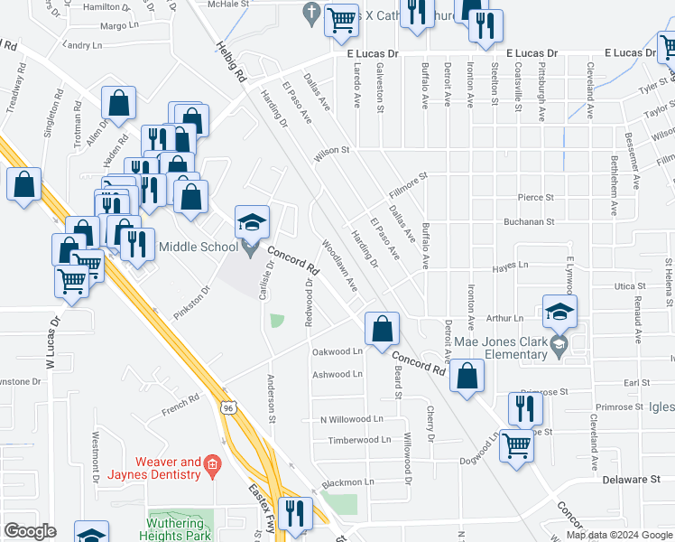 map of restaurants, bars, coffee shops, grocery stores, and more near 4245 Woodlawn Street in Beaumont