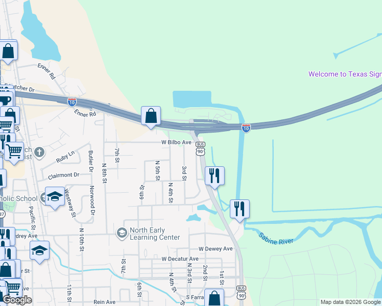 map of restaurants, bars, coffee shops, grocery stores, and more near 2510 3rd Street in Orange