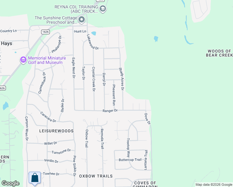map of restaurants, bars, coffee shops, grocery stores, and more near 12611 Pheasant Run in Buda