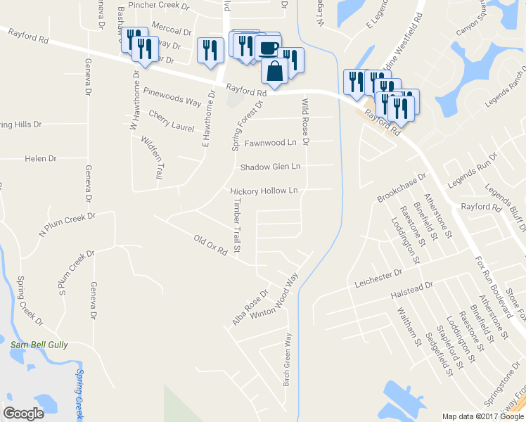 map of restaurants, bars, coffee shops, grocery stores, and more near 2315 Village Leaf Drive in Spring