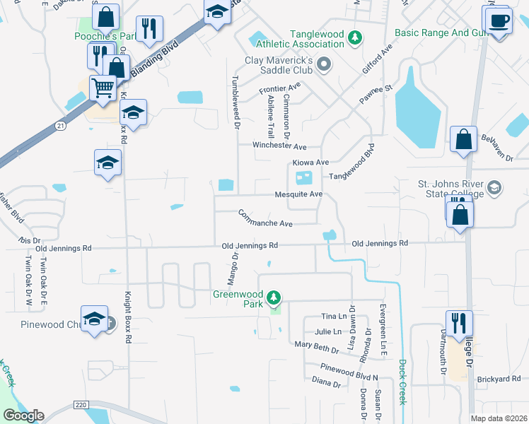 map of restaurants, bars, coffee shops, grocery stores, and more near 1296 Laramie Court in Orange Park