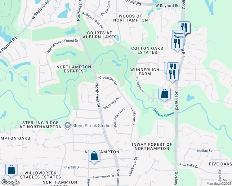 map of restaurants, bars, coffee shops, grocery stores, and more near 6110 Hampton Way Court in Spring