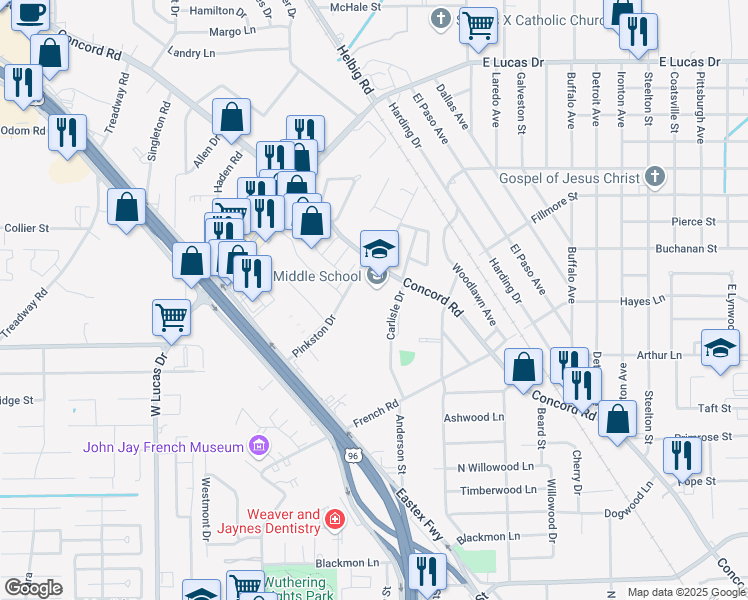 map of restaurants, bars, coffee shops, grocery stores, and more near 4415 Concord Road in Beaumont