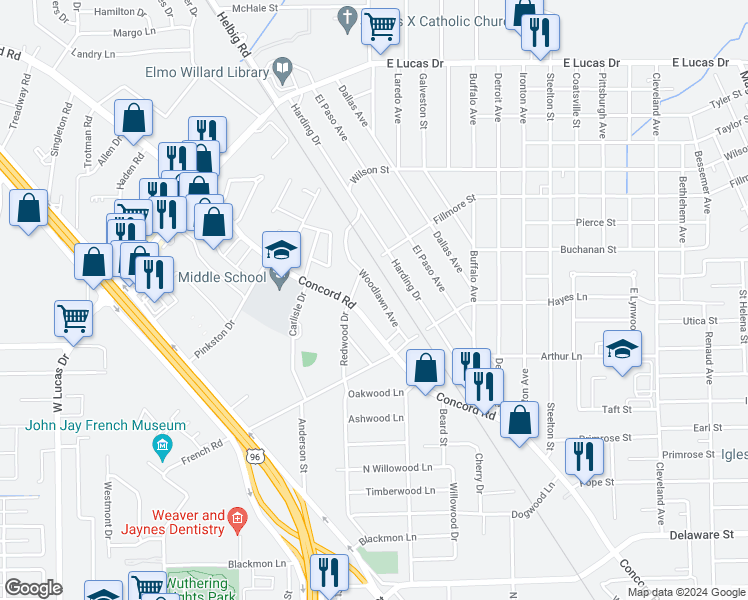 map of restaurants, bars, coffee shops, grocery stores, and more near 4255 Woodlawn Street in Beaumont