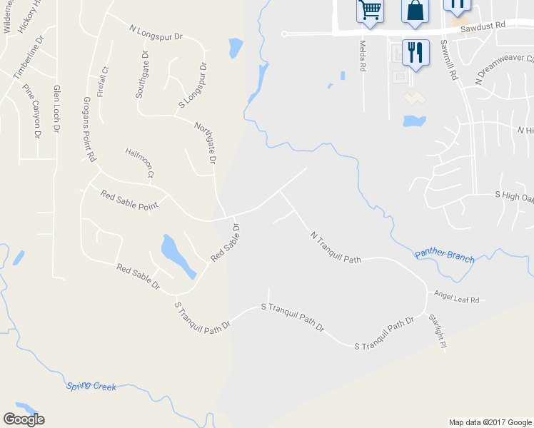 map of restaurants, bars, coffee shops, grocery stores, and more near 259 Saddle Ridge in Spring