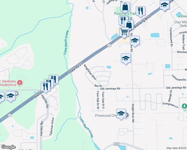 map of restaurants, bars, coffee shops, grocery stores, and more near 3253 Merganzer Trail in Orange Park