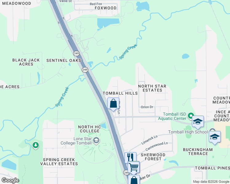 map of restaurants, bars, coffee shops, grocery stores, and more near 31407 Stella Lane in Tomball