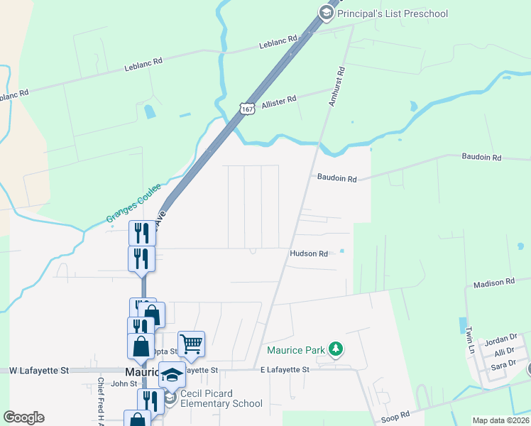 map of restaurants, bars, coffee shops, grocery stores, and more near Maddox Jude Drive in Maurice