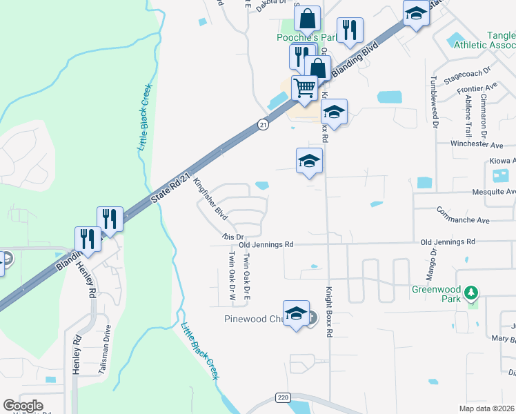 map of restaurants, bars, coffee shops, grocery stores, and more near 1533 Ibis Drive in Orange Park