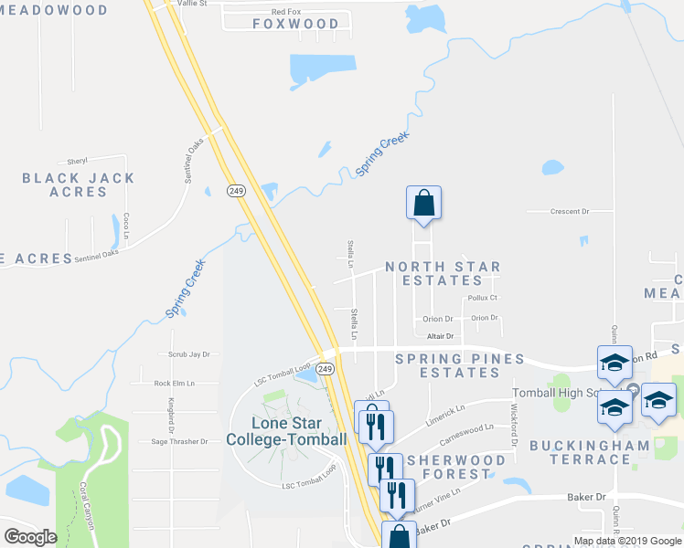 map of restaurants, bars, coffee shops, grocery stores, and more near 28115 Camille Drive in Tomball