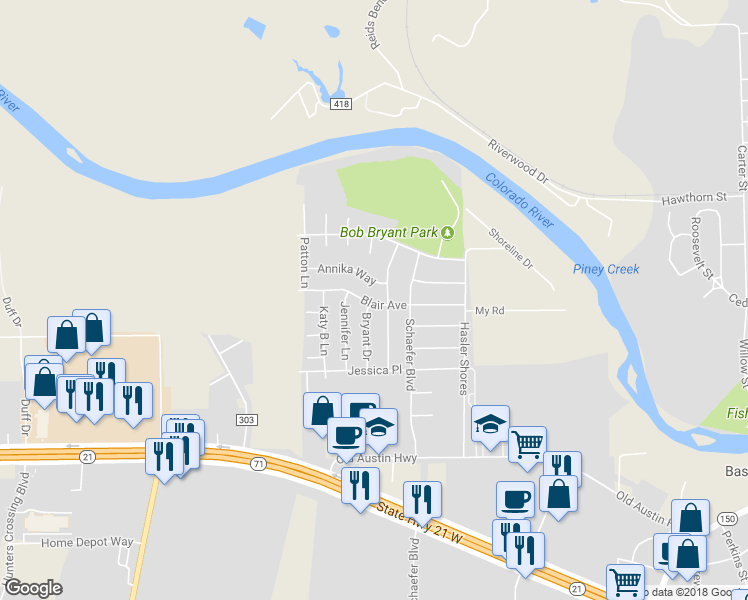 map of restaurants, bars, coffee shops, grocery stores, and more near 716 Blair Avenue in Bastrop
