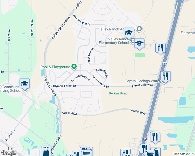 map of restaurants, bars, coffee shops, grocery stores, and more near 21543 Forest Colony Drive in Porter
