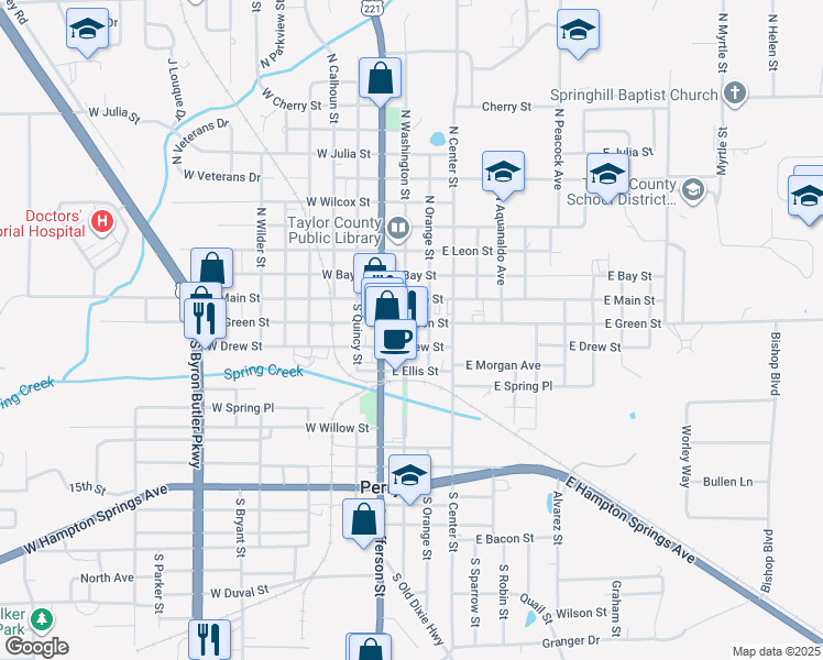 map of restaurants, bars, coffee shops, grocery stores, and more near 201 East Green Street in Perry