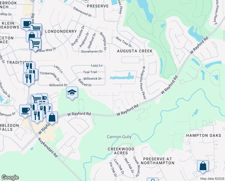 map of restaurants, bars, coffee shops, grocery stores, and more near 24614 Community Center Drive in Spring