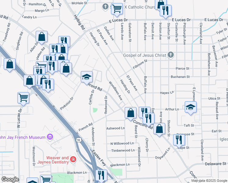 map of restaurants, bars, coffee shops, grocery stores, and more near 4265 Woodlawn Street in Beaumont