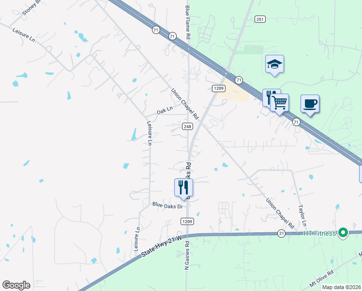 map of restaurants, bars, coffee shops, grocery stores, and more near 104 Blue Flame Road in Cedar Creek