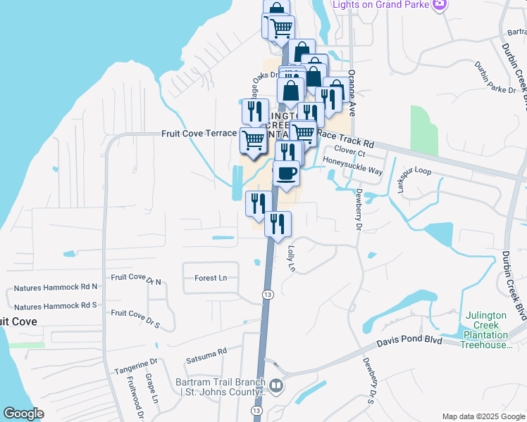 map of restaurants, bars, coffee shops, grocery stores, and more near 522 Florida 13 in Fruit Cove