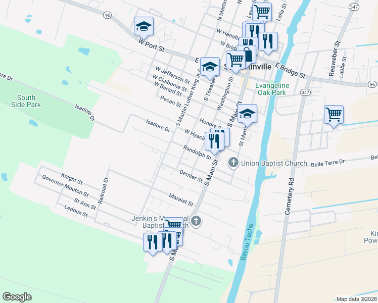 map of restaurants, bars, coffee shops, grocery stores, and more near 221 Randolph Street in Saint Martinville