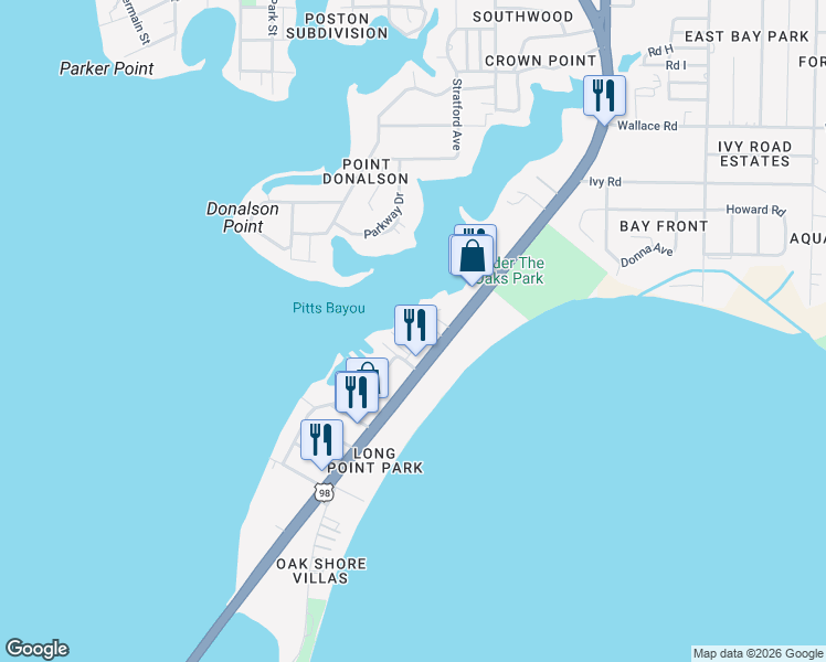 map of restaurants, bars, coffee shops, grocery stores, and more near 6020 East Highway 98 in Panama City