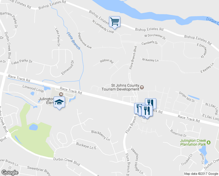 map of restaurants, bars, coffee shops, grocery stores, and more near 1727 Summerdown Way in Jacksonville
