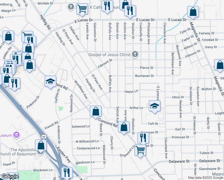 map of restaurants, bars, coffee shops, grocery stores, and more near 4010 Buffalo Avenue in Beaumont
