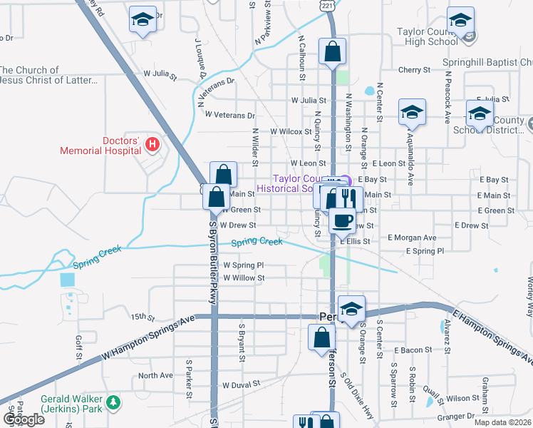 map of restaurants, bars, coffee shops, grocery stores, and more near 503 W Green St in Perry