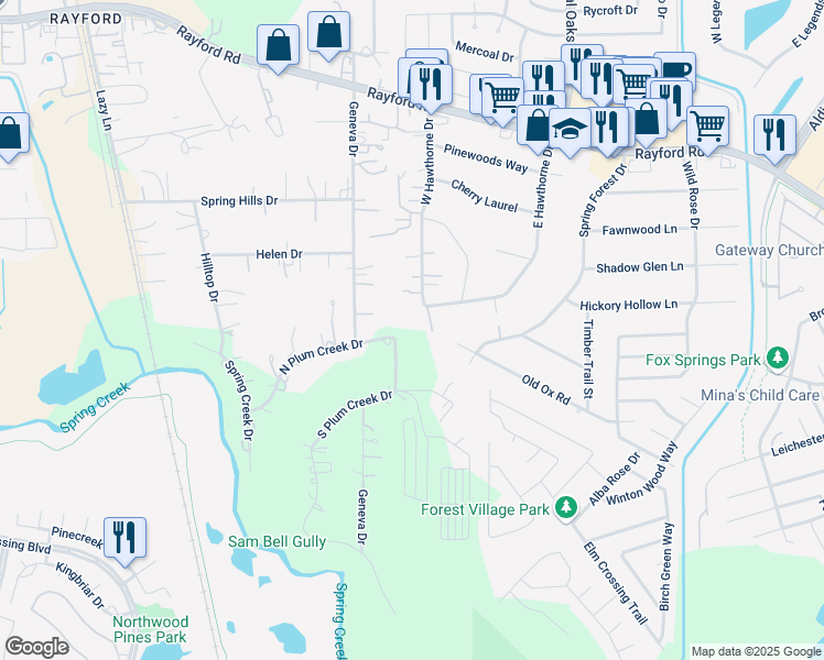 map of restaurants, bars, coffee shops, grocery stores, and more near 1618 North Plum Creek Drive in Spring
