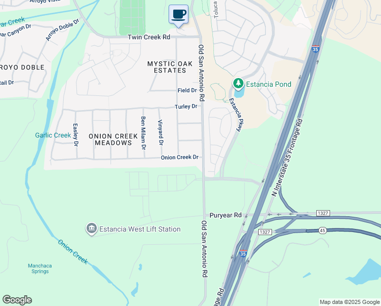 map of restaurants, bars, coffee shops, grocery stores, and more near 13439 Onion Creek Drive in Manchaca