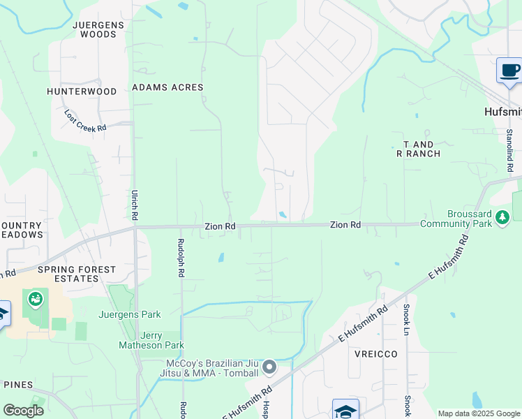 map of restaurants, bars, coffee shops, grocery stores, and more near 12710 Zion Road in Tomball