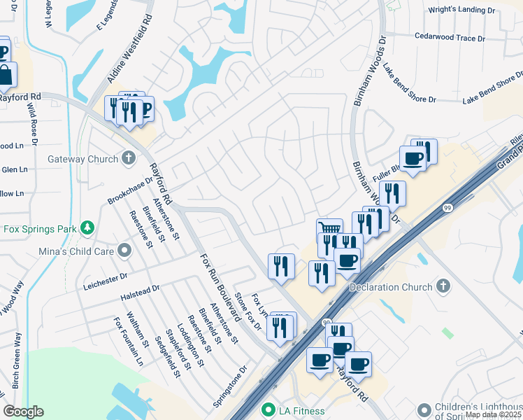 map of restaurants, bars, coffee shops, grocery stores, and more near 29237 Legends Valley Drive in Spring