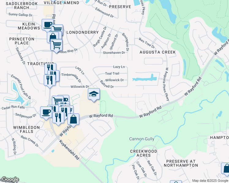 map of restaurants, bars, coffee shops, grocery stores, and more near 7918 Augusta Creek Court in Spring
